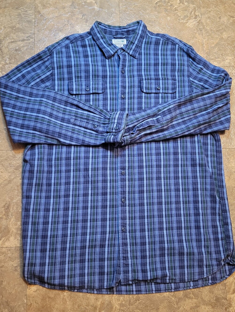 L.L. Bean Linen Blend Button Up Shirt Mens XL Tall Gray Green Plaid Flannel
